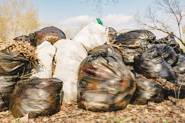 Groep plastic zakken gevuld met organisch afval van tuin en tuin. Vuilniszakken met bladeren - Foto, afbeelding