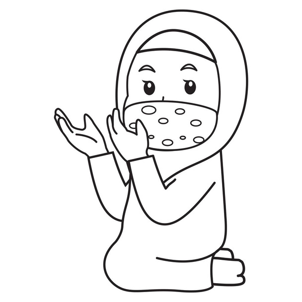Muslimská dívka používat růžovou košili a hidžáb, modlí se v iftar. ramadán noc, pomocí masky a zdravého protokolu.Vektorový znak ilustrace. - Vektor, obrázek