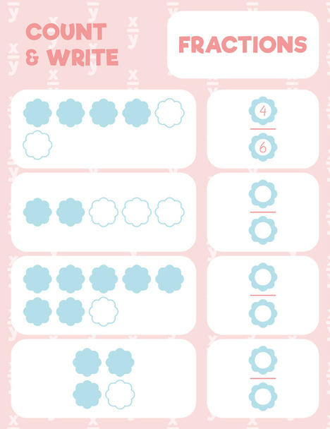 Fractions worksheet, math practice print page. Count and write. - Vector, Image