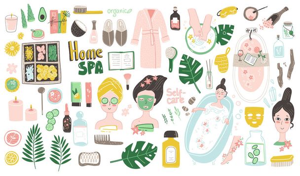 Home SPA doodle collection, elements, ingredients and characters. Vector illustrations in naive cute style - Vector, afbeelding