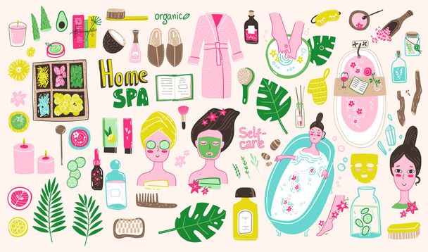 Home SPA doodle kolekce, prvky, ingredience a znaky. Vektorové ilustrace v naivní roztomilý styl - Vektor, obrázek