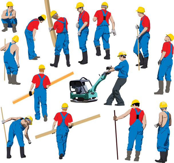Team of Construction workers in blue workwear an yellow helmets. Vector illustration. Other vector in my portfolio. - Vektor, Bild