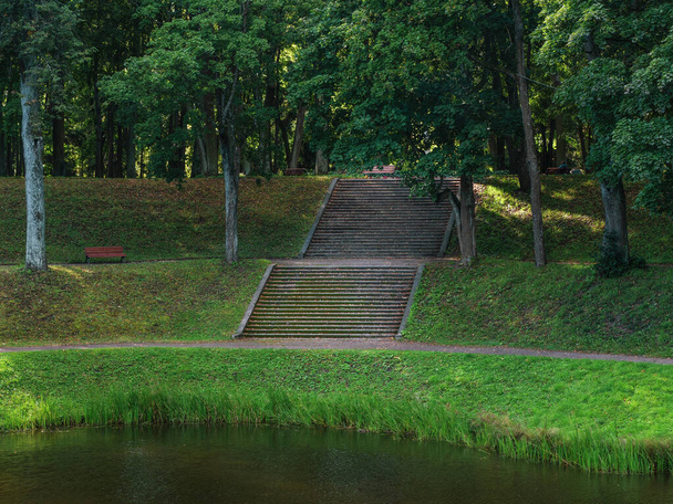 Brede stenen trap naar het water in een groen park. Zomer uitzicht. Gatchina. Rusland. - Foto, afbeelding