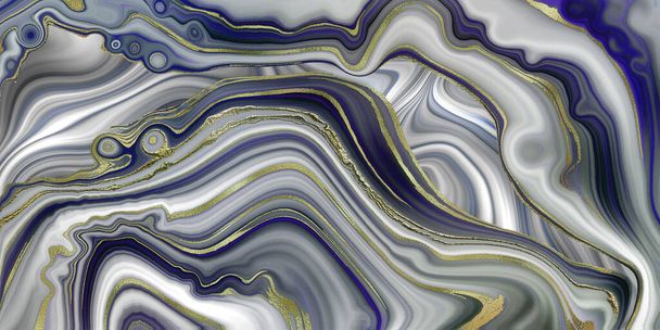 Piedra de mármol ágata textura abstracta, azul pastel con venas de oro. Moderno cartel de fluido de ágata de mármol de flujo colorido. Onda Forma líquida superficie de mármol. Ilustración horizontal - Foto, imagen