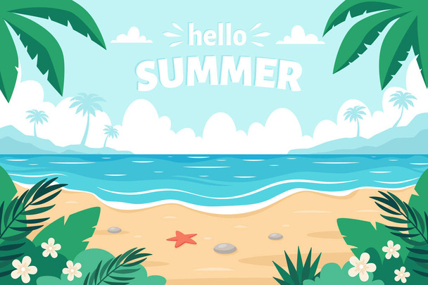 Plage de sable de mer. Bonjour l'été. Côté mer avec étoile de mer, palmiers, cailloux de mer et plantes tropicales. Illustration vectorielle - Vecteur, image