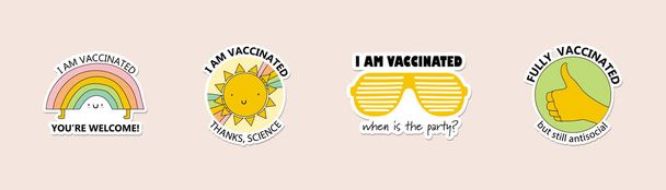I am vaccinated badge. poster, card or sticker with funny saying quote about covid-19 vaccination text. web icon or button. vector illustration. - Vector, Image