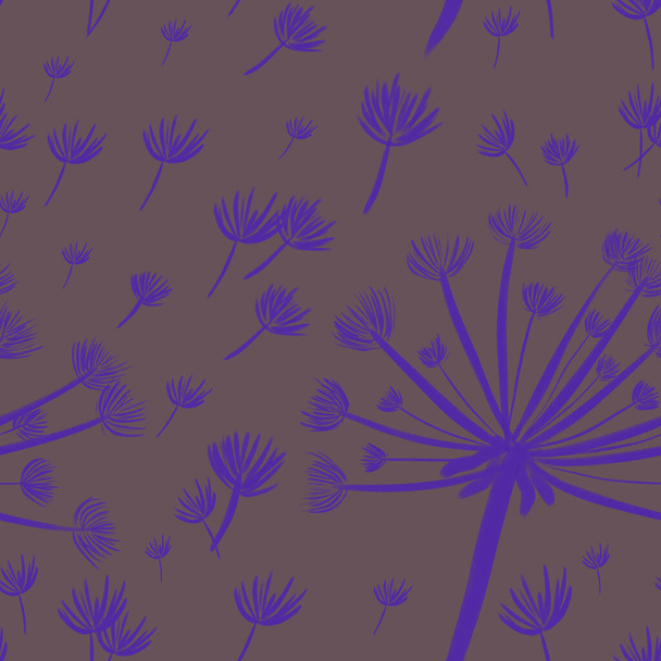 seamless pattern with hand-drawn purple with dandelions on gray background. packaging, wallpaper, textile, kitchen, utensil, fashion design - Foto, Bild