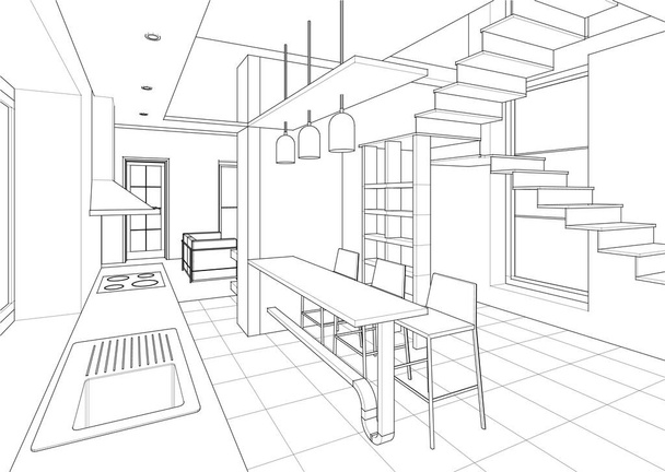 cozinha interior sala de estar ilustração 3d - Vetor, Imagem