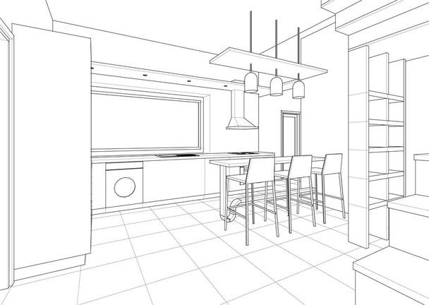 kuchnia wnętrze pokój dzienny 3d ilustracja - Wektor, obraz