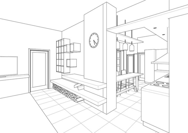 εσωτερικό σαλόνι κουζίνα 3d εικονογράφηση - Διάνυσμα, εικόνα