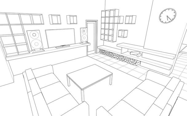 interior kitchen living room 3d illustration - Vector, Image