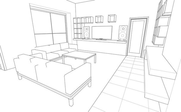 cucina interna soggiorno 3d illustrazione - Vettoriali, immagini