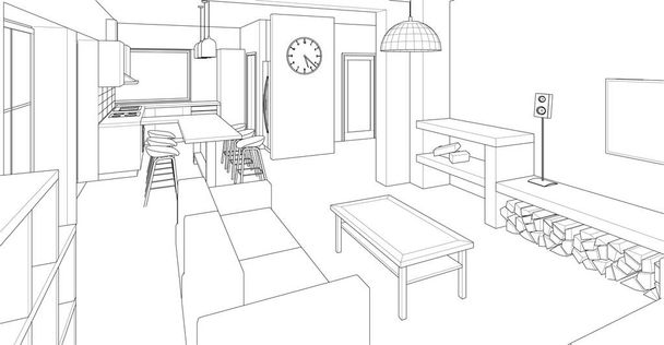cozinha interior sala de estar ilustração 3d - Vetor, Imagem