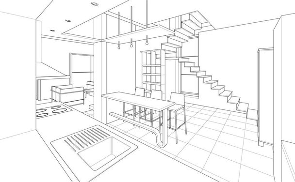 interieur keuken woonkamer 3d illustratie - Vector, afbeelding