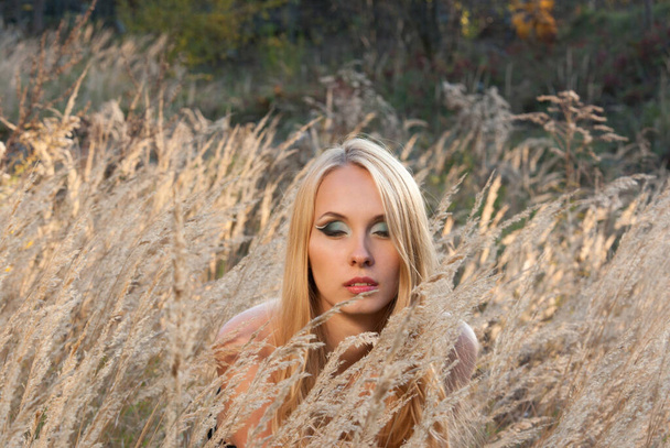 Retrato de una chica rubia con los ojos cerrados y maquillaje brillante en hierba seca. Enfoque selectivo. - Foto, imagen