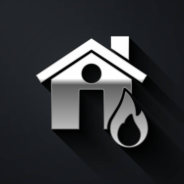 Silver Fire in burning house icon isolated on black background. Long shadow style. Vector. - Vector, Image