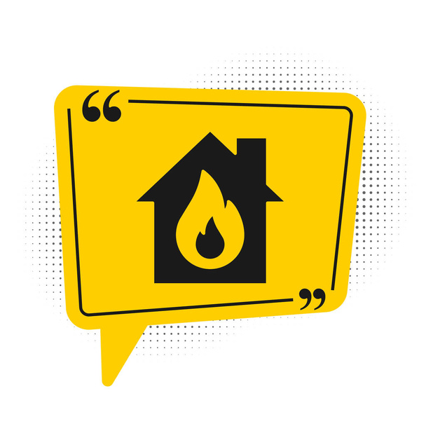 Black Fire v hořící dům ikona izolované na bílém pozadí. Žlutý symbol bubliny řeči. Vektor. - Vektor, obrázek