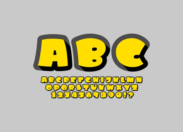Στρογγυλεμένη γραμματοσειρά σε στυλ κόμικς, μοντέρνο κίτρινο αλφάβητο κινουμένων σχεδίων, έντονα γράμματα και αριθμούς με μαύρο περίγραμμα, διανυσματική απεικόνιση 10eps - Διάνυσμα, εικόνα