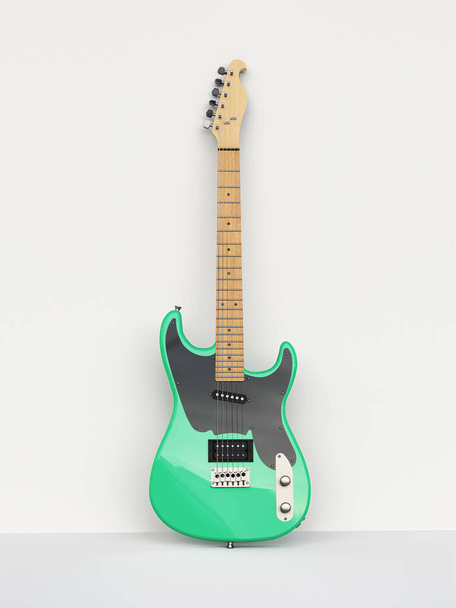 Guitarra elétrica verde e preta de seis cordas em um fundo branco, encostada à parede. Renderização 3d - Foto, Imagem