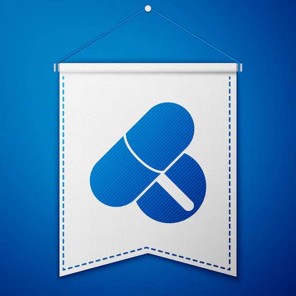 Blue Medicine pigułka lub ikona tabletki izolowane na niebieskim tle. Tabletka kapsułki i znak narkotyków. Projekt apteki. Biały wzór. Wektor. - Wektor, obraz