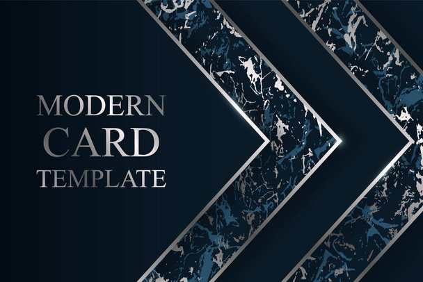 Moderne geometrische luxe kaart sjabloon voor zakelijke of presentatie of begroeting met zilveren marmeren textuur op een neen blauwe achtergrond. - Vector, afbeelding