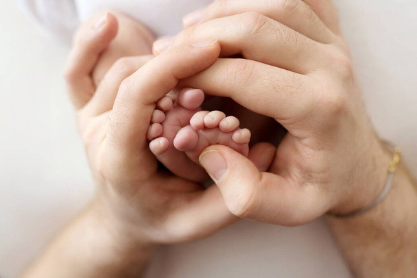 Füße eines Neugeborenen in den Händen eines Vaters, eines Elternteils. Studiofotografie, weißer Hintergrund. Glückliches Familienkonzept. - Foto, Bild