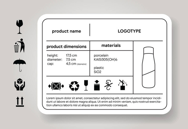 Product description sticker. Dimension and material descriptor. Cargo label. Shipping icons. Package brand depiction. Industrial design specification. Vector illustration mockup. - Vector, Image