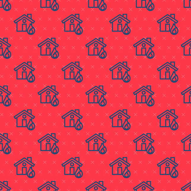 Modrá čára Oheň v hořícím domě ikona izolované bezešvé vzor na červeném pozadí. Vektor. - Vektor, obrázek