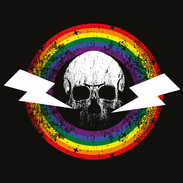 Vektorbild eines Schädels, umgeben von einem kreisförmigen Regenbogen und zwei schwarzen Blitzsymbolen.  - Vektor, Bild