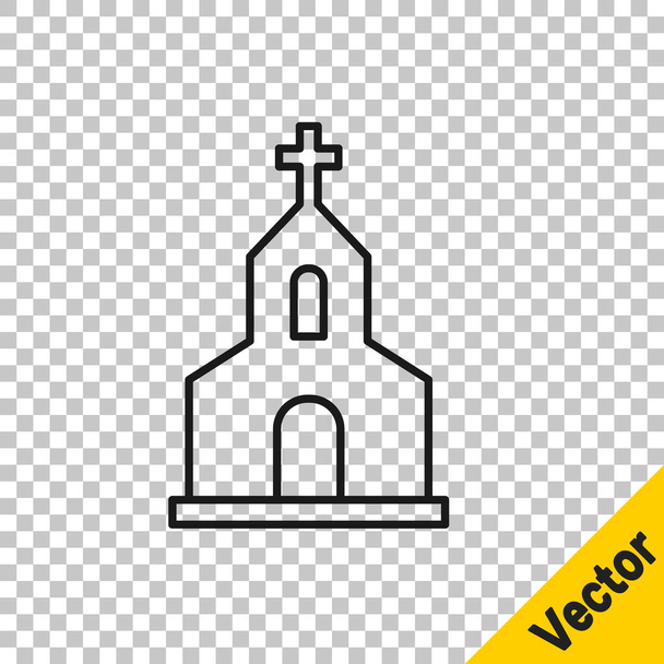 Icono de edificio de la iglesia de línea negra aislado sobre fondo transparente. Iglesia Cristiana. Religión de la iglesia. Vector. - Vector, Imagen