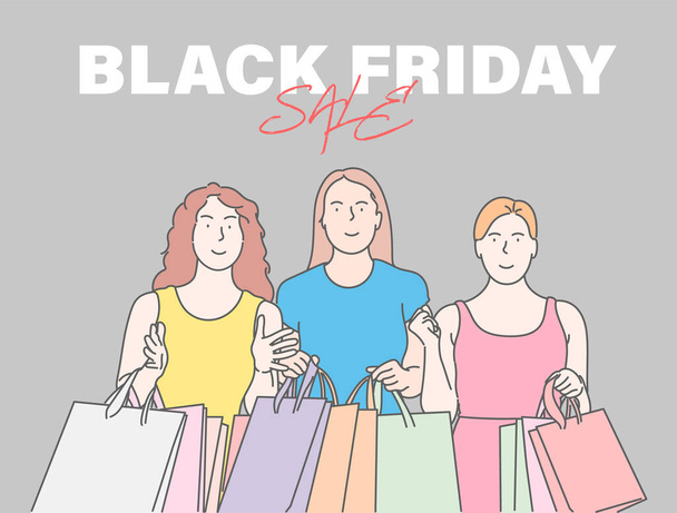 Concepto de banner del Viernes Negro. Mujer alegre feliz con compras y descuentos en Viernes Negro - Vector, imagen