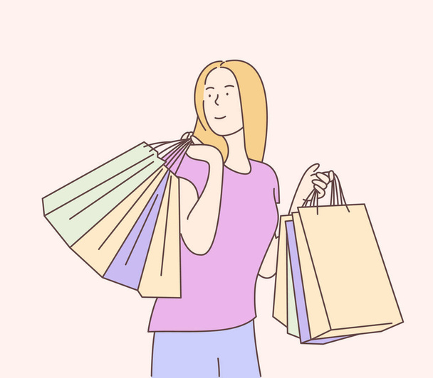 Shopping, sale, choice, store, buy concept. Cheerful young girl happy with shopping. Hand drawn in thin line style, vector illustrations. - Vector, Image