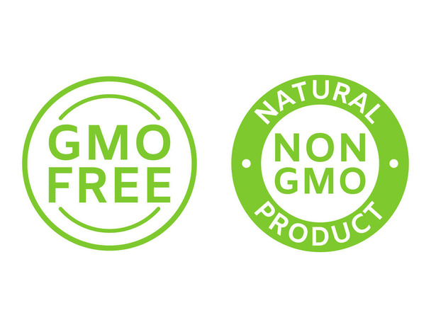 Non GMO labels. GMO free icons. Healthy organic food concept. No GMO design elements for tags, product packag, food symbol, emblems, stickers. Healthy, eco, vegan, bio. Vector illustration - Вектор,изображение