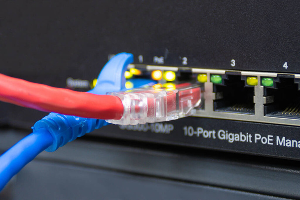 Kabelnetzwerkverbindung zum Switch Port im Serverraum, Konzept Netzwerkmanager - Foto, Bild