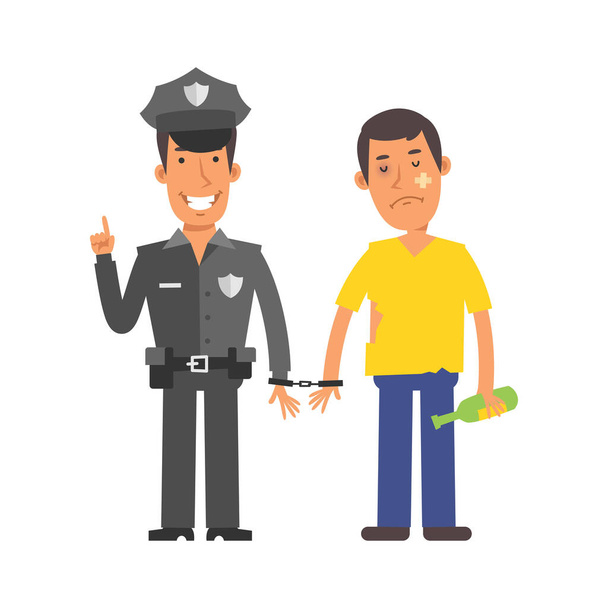 Polizeibeamte halten betrunkenen Mann in Handschellen fest. Vektorzeichen. Vektorillustration - Vektor, Bild