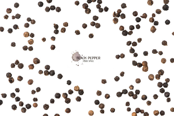 Black pepper seeds on white background. Food ingredients, spices - Photo, Image