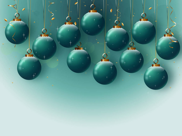 Achtergrond met groene kerstballen en glitter - Vector, afbeelding