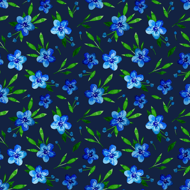 Seamless floral pattern with watercolor blue wild flowers and leaves on a dark background. For wallpaper, wrapping paper, textiles, postcards. - Foto, Imagem