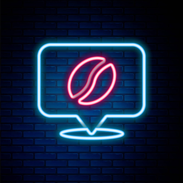 Linea neon incandescente Posizione con icona chicco di caffè isolato su sfondo muro di mattoni. Concetto di contorno colorato. Vettore - Vettoriali, immagini