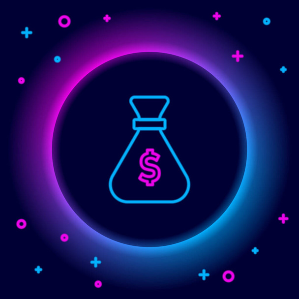 Leuchtende Neon-Linie Geldsacksymbol isoliert auf schwarzem Hintergrund. Dollar oder USD-Symbol. Cash Banking Währungszeichen. Buntes Rahmenkonzept. Vektor - Vektor, Bild