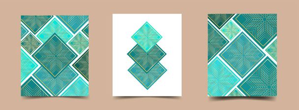 Conjunto de elegantes tarjetas modernas con líneas geométricas doradas sobre fondo azul. Plantilla vectorial de cuadrados para interior, cubierta, tarjeta de visita, etiquetas - Vector, Imagen