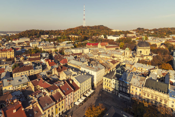 LVIV, UKRAINE - October 16, 2019: Panorama of old European city - 写真・画像