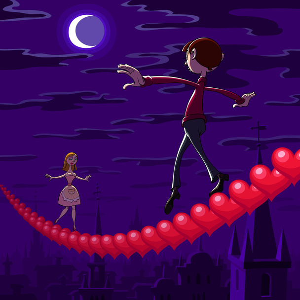 At Valentine's night a balancing boy and girl goes toward each other on row of red hearts hanging over the town. - Vector, Image