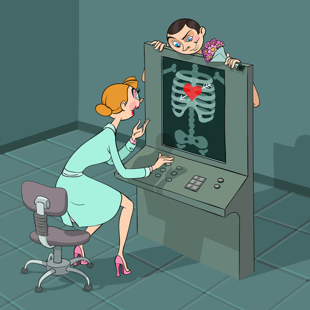 En el Día de San Valentín un niño llega a su novia en rayos X observar que muestra el corazón enamorándose en su pecho
 - Vector, imagen