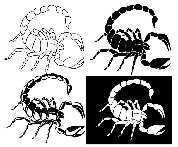 Graficzny zestaw skorpionów wyizolowany na czarnym tle w różnych pozach, ilustracja wektorowa tatuażu i nadruku - Wektor, obraz