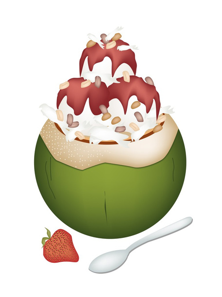 Coconut Ice Cream with Nuts and Strawberry - Vector, Image