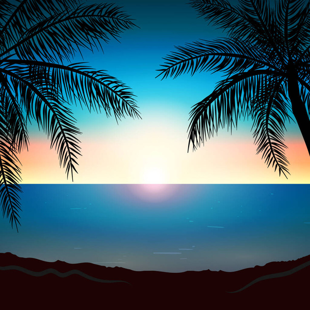 Realistische zonsondergang op de achtergrond van palmbomen - Vector - Vector, afbeelding
