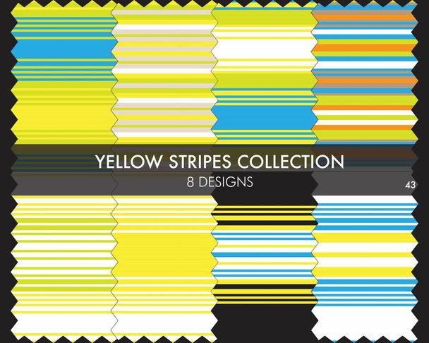 Gelb gestreifte, nahtlose Musterkollektion enthält 8 Designs für Modetextilien, Grafiken - Vektor, Bild