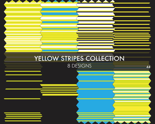 Coleção de padrões sem costura listrada amarela inclui 8 projetos para têxteis de moda, gráficos - Vetor, Imagem