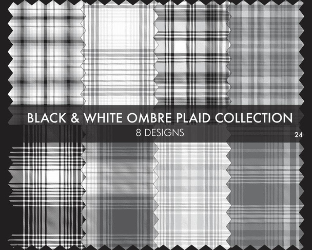 A coleção de padrões sem costura texturizada Ombre Plaid preto e branco inclui 8 amostras de design adequadas para têxteis e gráficos de moda - Vetor, Imagem